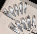 Pointed Long Nails With Silver Gradient French Aurora Cat Eye Hand-Painted Nail